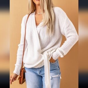 White Wrap V neck Sweater